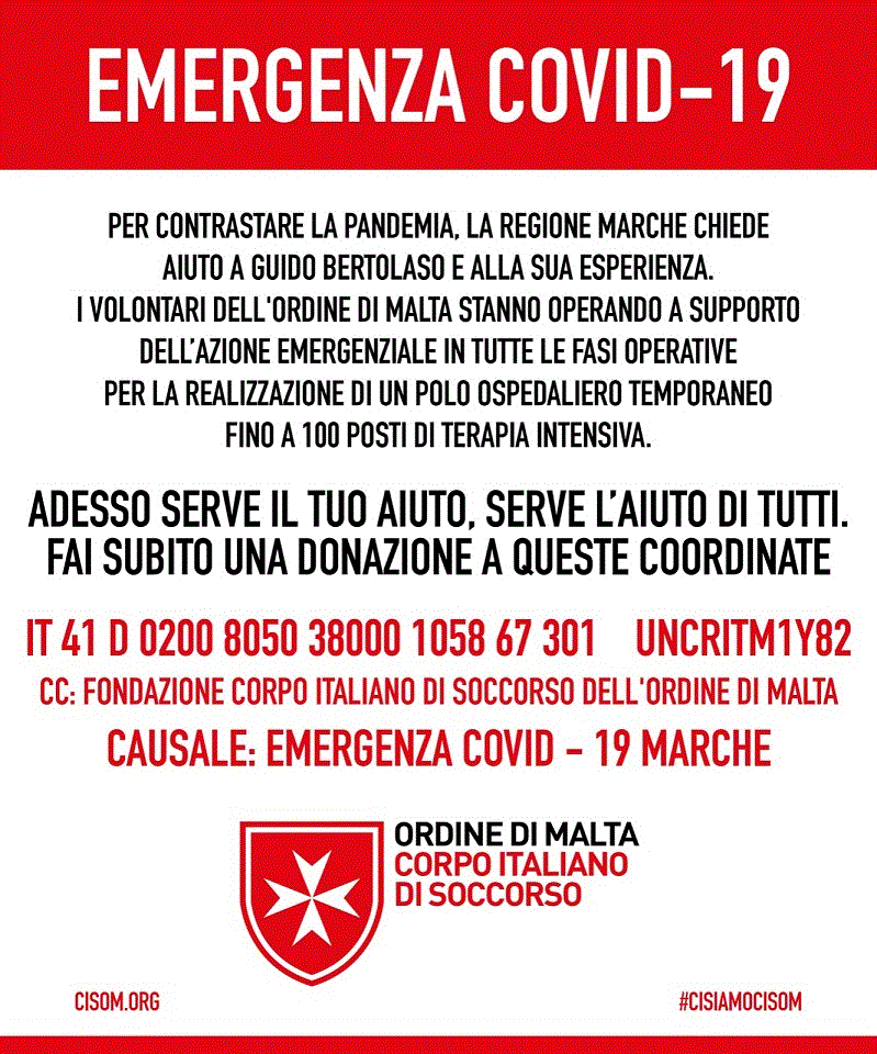 iban IT41D0200805038000105867301 causale EMERGENZA COVID-19 MARCHE
